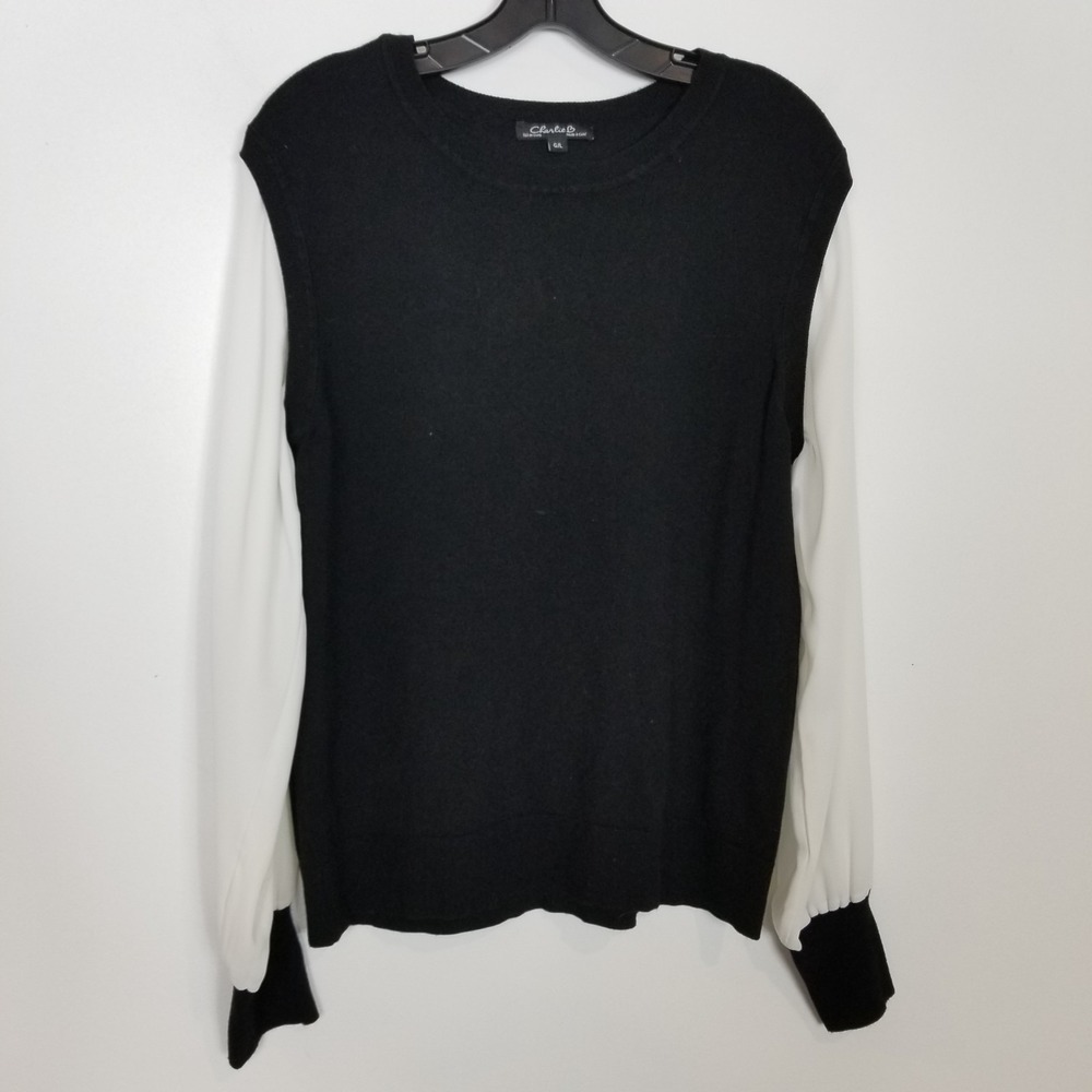 Charlie B Women Chiffonā Sleeve Knit Pullover Sweater Sz L Black White Classic